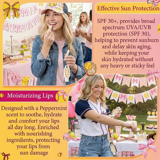 Demissle 12 Sets Softball Party Favors Mini Sunscreen and Sunscreen Lip Balms Bulk Spf 30 Travel Size 1oz Lotion with Carabiner Clip-on Lip Balms Packets for Team Women Birthday Gifts(Softball Bow)