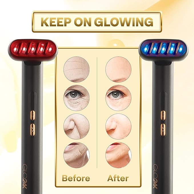 GLO24K 6-in-1 Beauty Therapy Wand for the Face, Eyes, and Neck. Based on Dual LED Light Therapy, Thermal, Vibration, and Micro-Current Technologies.Skin Rejuvenation