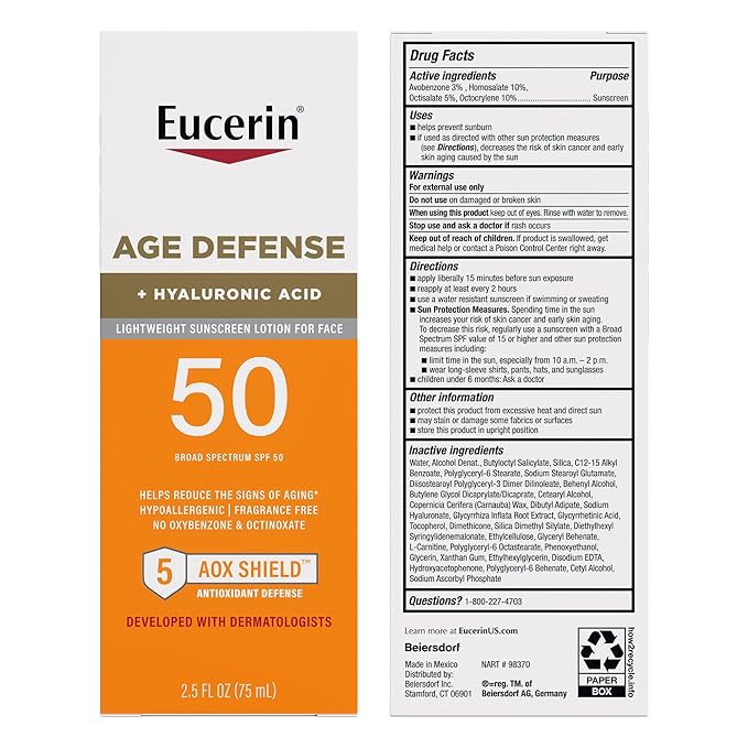 Eucerin Sun Age Defense SPF 50 Face Sunscreen Lotion with Hyaluronic Acid, Hypoallergenic, Non-Comedogenic Sunscreen SPF 50 Free of Fragrance, Oxybenzone and Octinoxate, 2.5 Fl Oz Bottle