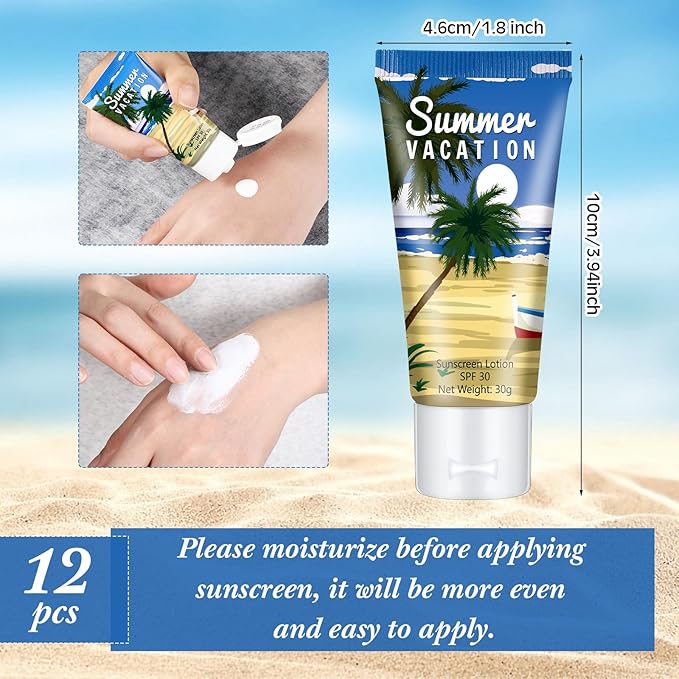 12 Pcs Mini Sunscreen Bulk for Summer Travel Size Spf 30 Water Resistant Sunscreen Lotion Bulk for Thank You Gifts Hawaiian Wedding Bridal Party Favors for Pool Wedding(Summer Vacation)