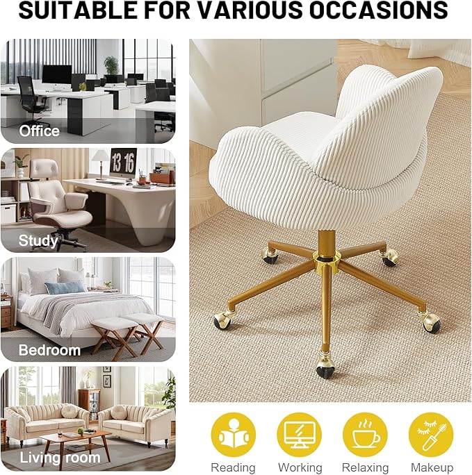 Home Office Chair with Petal Backrest, Corduroy Upholstered Desk Chair with Adjustable Swivel Wheels, Ergonomic Chairs for Living Room, Bedroom, Office, Study, Flower Cute Girls Vanity Chair(Beige)
