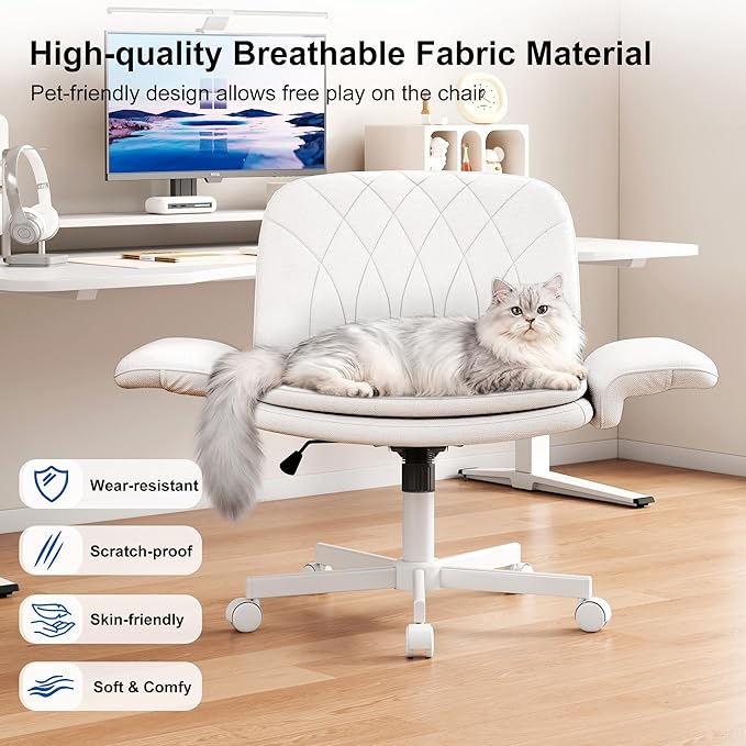 Misolant Fabric Criss Cross Chair with Armrests & Wheels for Cross-Legged Sitting, Comfortable PU Leather Vanity Chair, Office Desk Chairs with Adjustable Rocking Function, for Home, Bedroom White