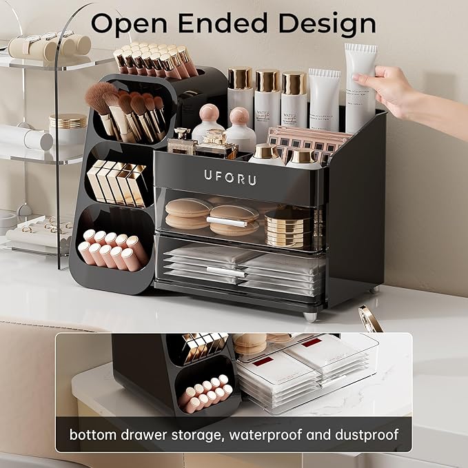 Makeup Organizer for Vanity with Brush Holder, Countertop Skincare Organizer with 2 Drawers, Spacious Cosmetic Display Case for Perfumes, Cologne, Shaving Lotion