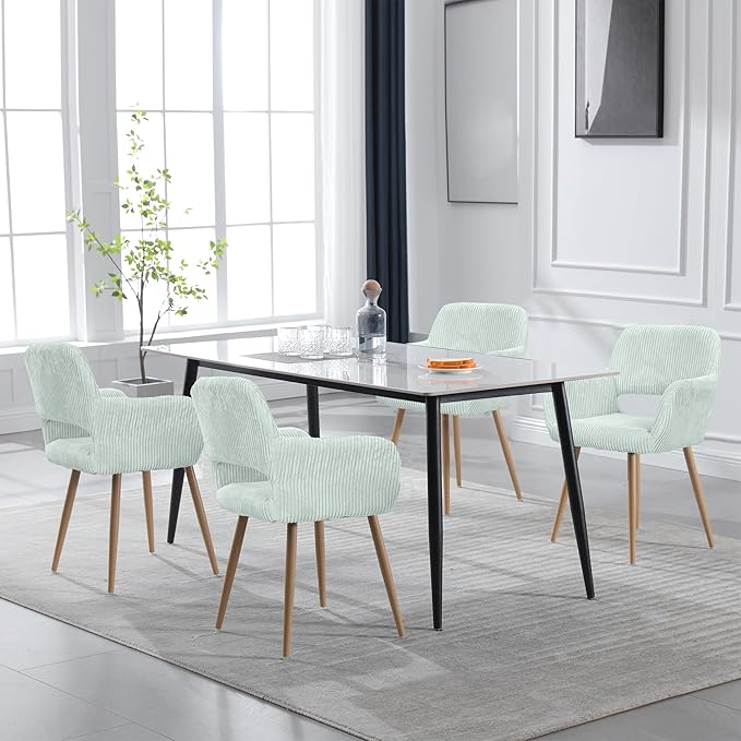 KCC Small Modern Dining Room Arm Chairs Set of 2, Mid-Century Upholstered Corduroy Fabric Side Seat Club Guest with Metal Tube Legs for Kitchen, Living Room, Blue