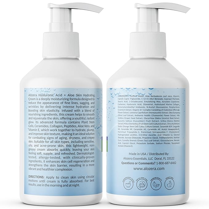 Alozera Hyaluronic Acid Face & Body Lotion with Aloe Vera, Daily Moisturizing Lotion for Dry Skin Hydration & Refresh, Non-Greasy, Lightweight, Fragrance-Free Moisturizer, 16.9 oz (2-Pack)