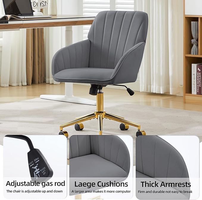 YITAI Velvet Office Desk Chair with Wheels and Gold Base,Modern Height Adjustable 360 Degree Swivel Upholstered Vanity Chairs with Arms for Living Room Bedroom, Study,Gray