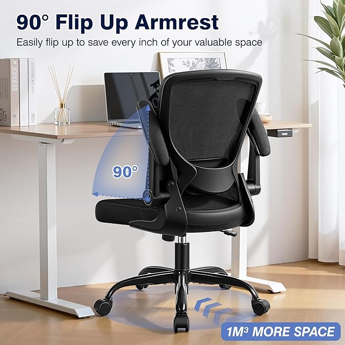 Ergonomic Office Chair, Mesh Computer Chairs with Lumbar Support, Swivel Desk Chair with Flip-up Arms and Adjustable Height, Black Pack of 8