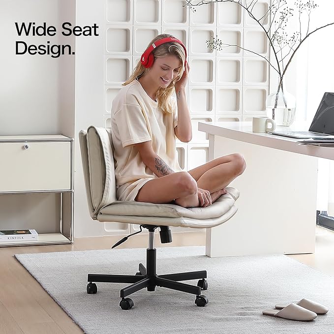 LEAGOO Criss Cross Chair with Wheels, Genuine Leather Armless Cross Legged Office Chair, Comfy Desk Chair, Modern Swivel Height Adjustable Computer Task Chair, Wide Seat Cute Chair for Home Office