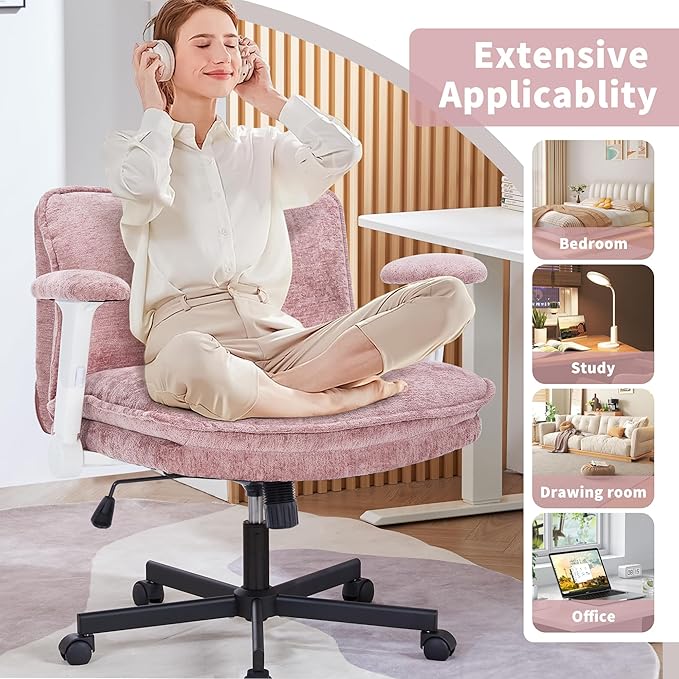 Cross Legged Office Chair, Height Adjustable Swivel Desk Chair with Flip-Up Arms, Padded Criss Cross Chair for Home Office & Bedroom