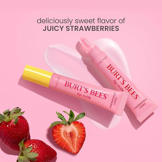 Burt’s Bees Lip Milk, Daily Lip Moisturizer, Sweet Strawberry, Vitamin Enriched Moisturizing Lip Balm with Almond Milk and Jojoba Oil, Hydrating for Softer Lips, 1 Tube, 0.34 Fl Oz