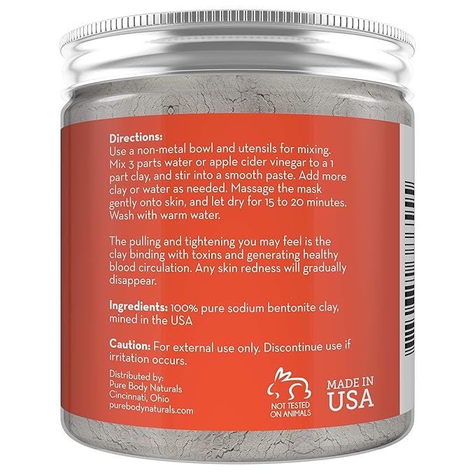 Pure Body Naturals Bentonite Clay Powder for DIY Detox Body & Face Mask, Pure Indian Healing Clay for Deep Pore Cleansing and Armpit Detox for Women, (8.0 oz)