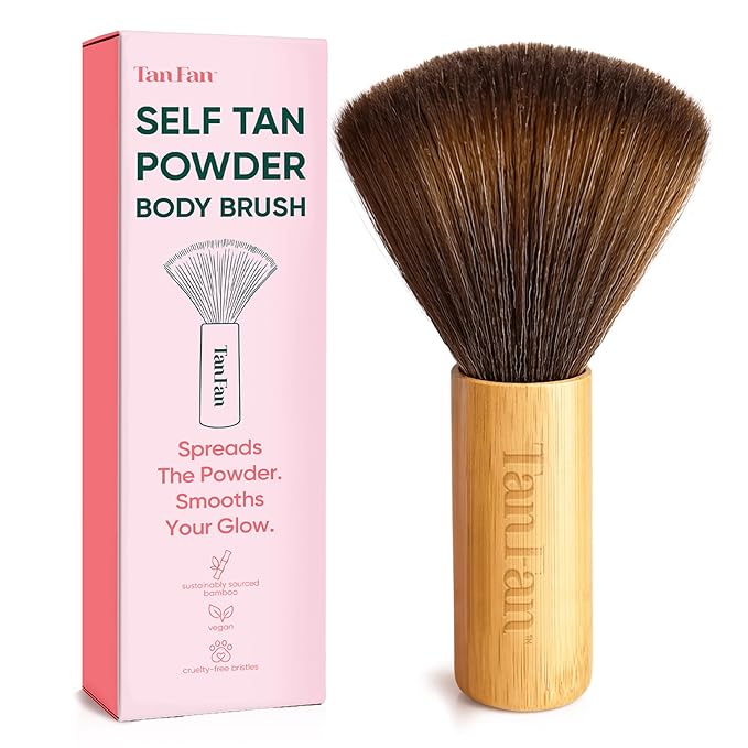Self Tan Drying Powder Body Brush - Essential Accessory To Remove Stickiness from Self Tanner - Sets Tan + Smooths Skin - Eco Bamboo Handle - Hypoallergenic Ultra-Soft Bristles - XLarge 6” x 3.5”
