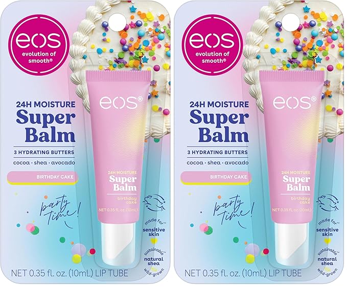 eos 24H Moisture Super Balm - Birthday Cake, Lip Mask, Day or Night Lip Treatment, Made for Sensitive Skin, Nourishing, Shea Butter, 0.35 fl oz (Pack of 2)