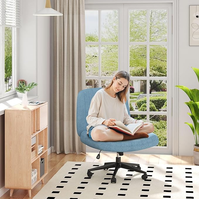 Shintenchi Criss Cross Chair,Cross Legged Office Seat with Wheels Armless Swivel Vanity Chair,Height Adjustable Wide Computer Task Seating for Home Office,Blue ﻿