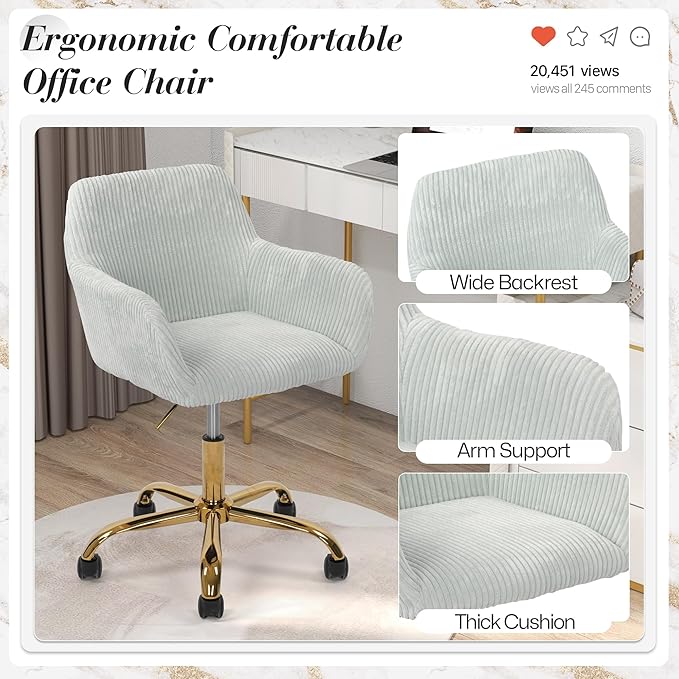 Faux Fur 360°Swivel Desk Chair, Height Adjustable Home Office Armchair with Golden Base for Teens Women Girls, Corduroy & Light Blue