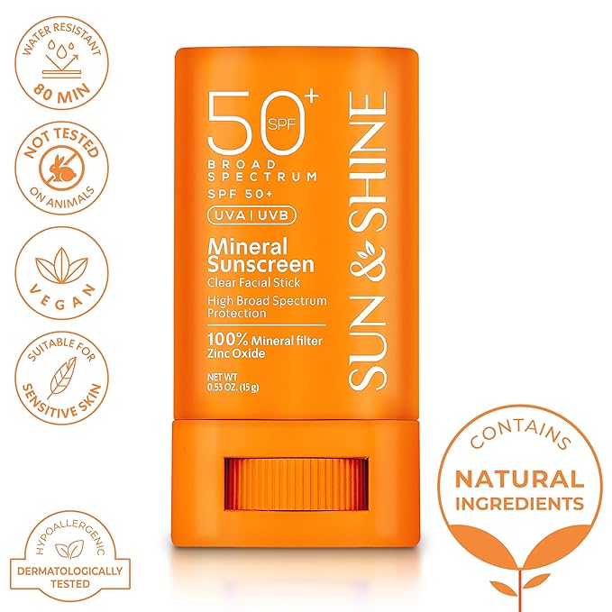 Sun & Shine clear Mineral zinc oxide STICK sunscreen SPF 50+ Sunscreen Face Stick | Vegan, Reef safe |sensitive skin Broad Spectrum Natural Sunscreen Fragrance free, Dermatologically tested