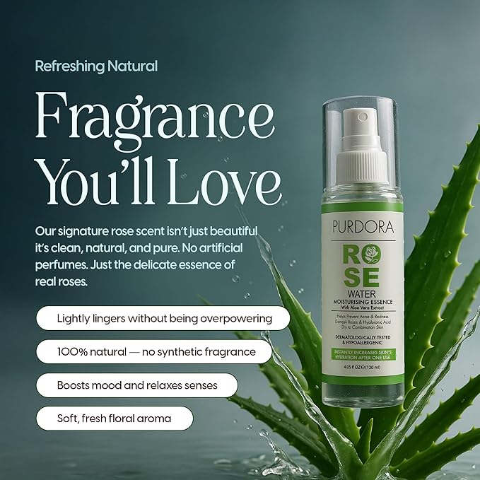 Rose Water Face Mist Toner with Aloe Vera & Hyaluronic Acid – Hydrating & Soothing Spray for Redness, Dry & Acne-Prone Skin – Natural, Alcohol-Free – 4.05 fl oz