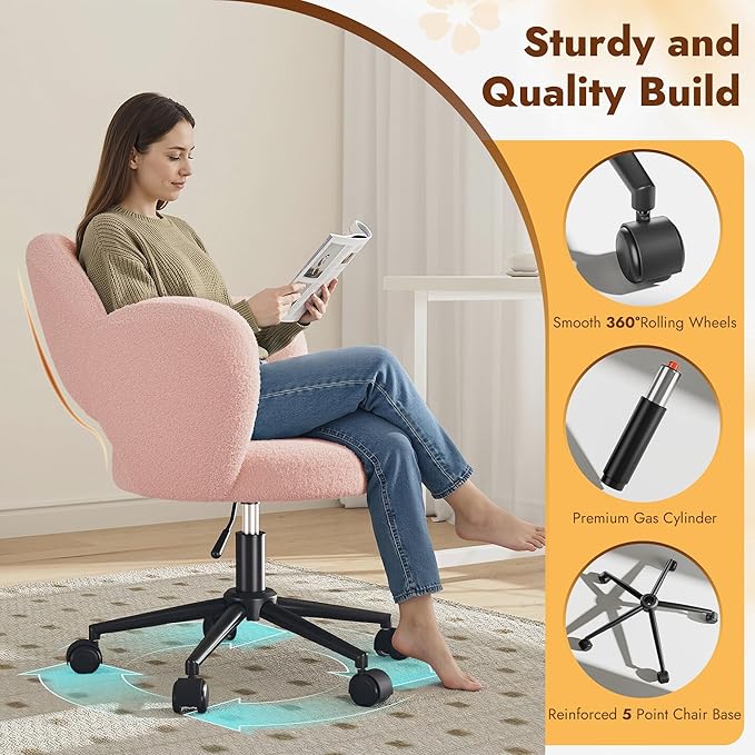 Petal Vanity Chair with Wheels, Cute Desk Chair with Back, Height Adjustable & Lumbar Support, Small Office Chair for Study, Makeup & Relaxation, Pink