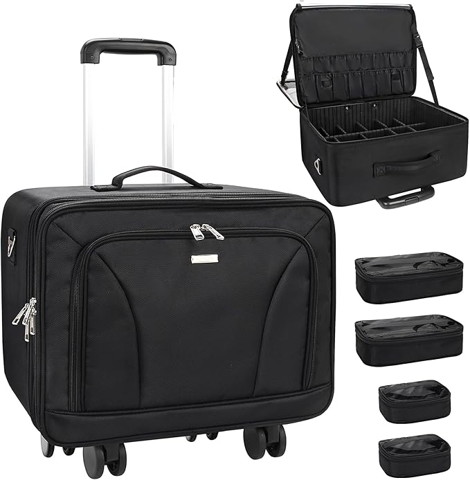 Relavel Cosmetology Case on Wheels, Extra Large Rolling Makeup Travel Train Case with 360° Spinner Wheels, 3 Layer with Insulation Compartment & 4 Clear Bags, Professional Makeup Artist Bag Set, Black