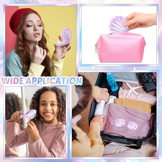 Meanplan 12 Pcs Mermaid Party Favors Shell Hair Brush with Mirror Foldable Mini Travel Pocket Hair Brush Compact Makeup Comb for Women Girls Valentines Day Birthday Gifts(Purple)