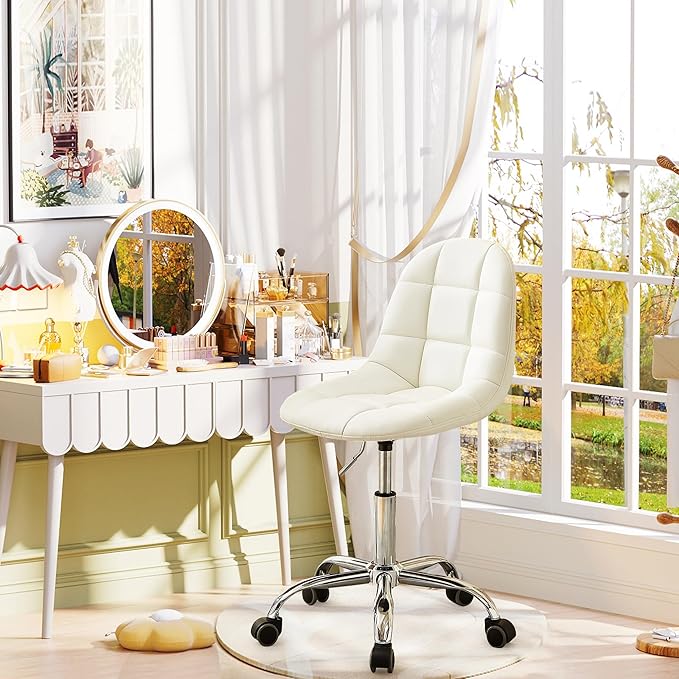 VECELO Stylish Height Adjustable Faux Leather Vanity Chair, Modern Swivel Makeup Chair with Rolling Wheels, Comfortable Padded Task Chair for Bedroom, Dressing Room & Home Office – White