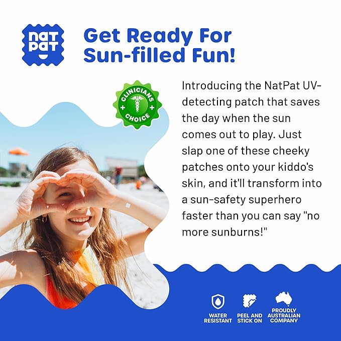 NATPAT Sunny Patch UV Detection Stickers Sunburn Prevention for Kids and Adults - Natural Waterproof Patches, Changes Color When Time To Reapply Your SunScreen - BuzzPatch (24 Pack)