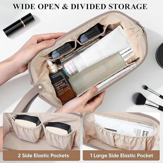Travel Makeup Bag, Large Capacity Double Layer Cosmetic Bags for Women, Waterproof Portable Make Up Skincare Pouch with Makeup Brush Organizer, Toiletry Bag for Essentials, Beige & Sand