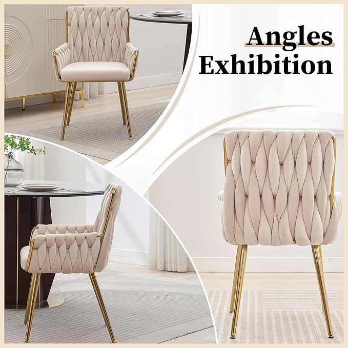 ABET Office Desk Chair No Wheels, Woven Velvet Vanity Chair with Back & Armrest, Comfy Upholstered Cute Gold Metal Legs Makeup Aesthetic Armchair for Girls & Women Bedroom, Nail Spa, Beige