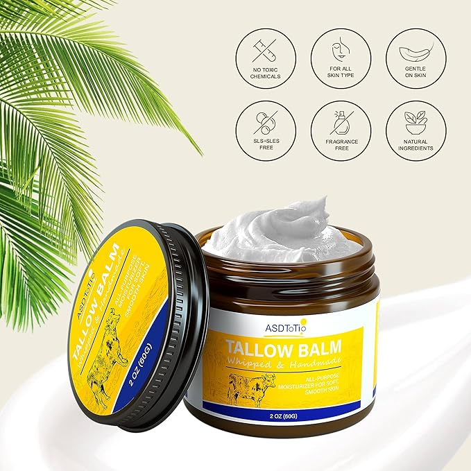 Handmade Grass Fed Beef Tallow Balm for Face and Skin- All Natural Moisturizer with Sweet Almond Oil, Non-Toxic Cream for Dry & Sensitive Skin, 2 oz