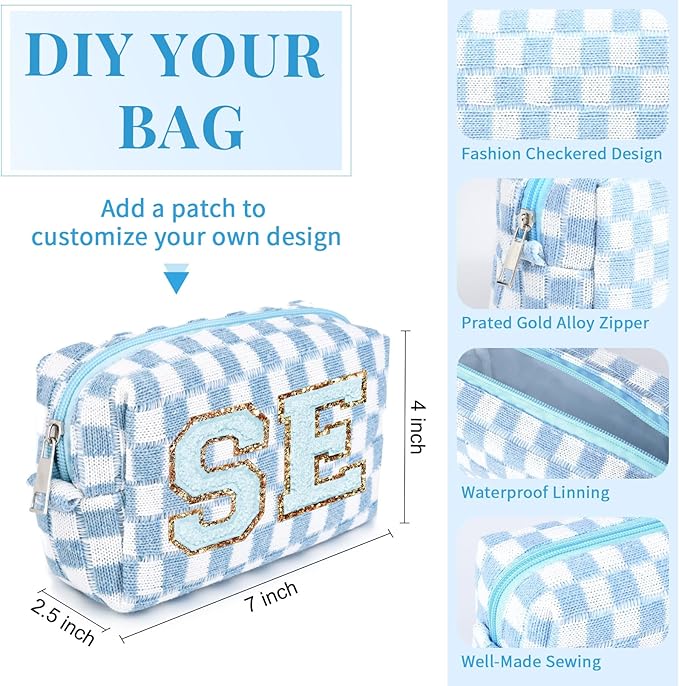 SOIDRAM Checkered Makeup Bag Preppy Cosmetic Bag Bulk Blue Makeup Pouch Personalize Travel Toiletry Bag Organizer Cute DIY Makeup Brushes Storage Bag for Women