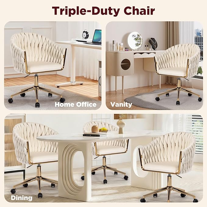 Velvet Office Chair with Hand Woven, Beige Vanity Desk Chairs with Golden Wheels, 360° Swivel Home Office Desk Chair Computer Chairs, Accent Chair Makeup Chair for Bedroom, Living Room(Beige)