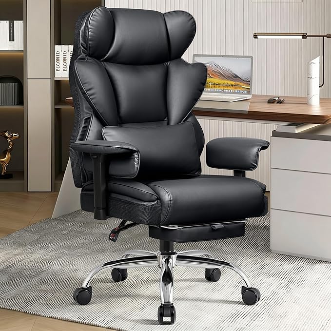 Big and Tall Office Chair - Heavy Duty 400 LBS Executive Chair with Lumbar Support & Foot Rest, High Back Ergonomic Desk Chair, Padded Wide Seat Gaming Chair, Adjustable Armrests, Black