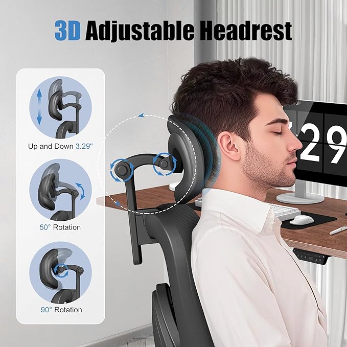 Ergonomic Office Chair with Footrest – Adjustable Lumbar Support, 3D Armrests & Headrest, Wide-Seat High-Back Mesh Computer Chair with Casters, Suitable for Home & Office, Black