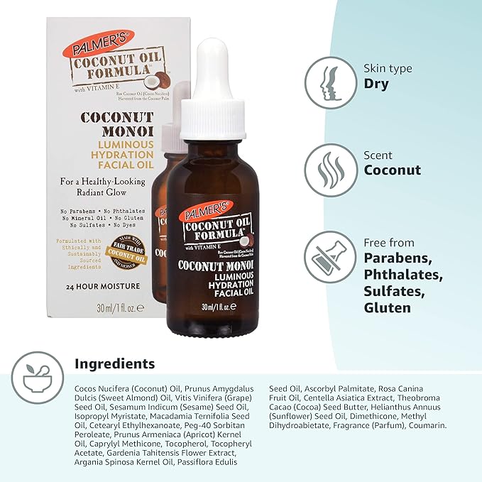 Palmer's Coconut Oil Formula Coconut Monoi Luminous Hydration Facial Oil,1 Ounce,(Pack of 2)
