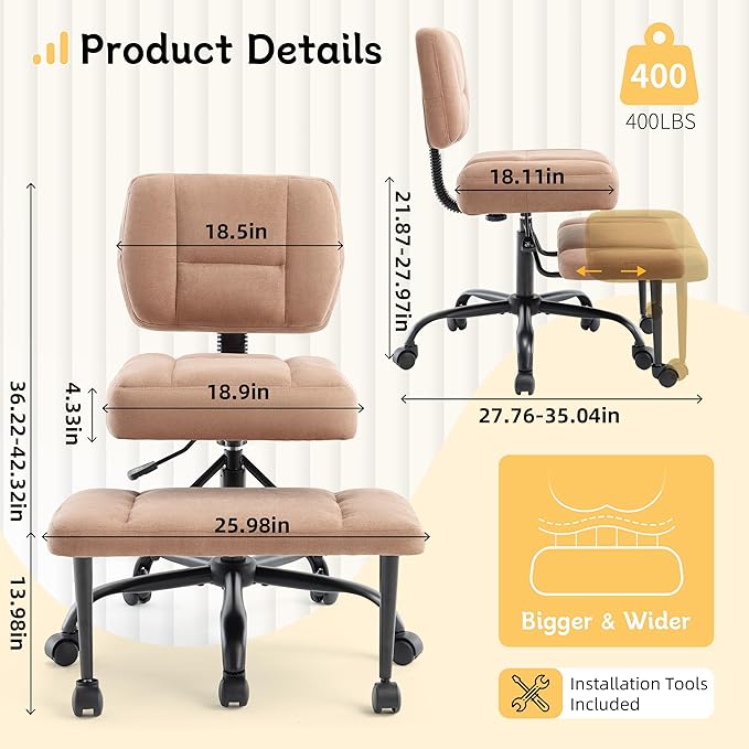 Criss Cross Legged Office Chair with Wheels,Swivel Meditation Chair for ADHD,Ergonomic Desk Chair with Thicken Adjustable Footstool,Fabric Sitting Fidgeting Kneeling Chair for Home Yoga Brown