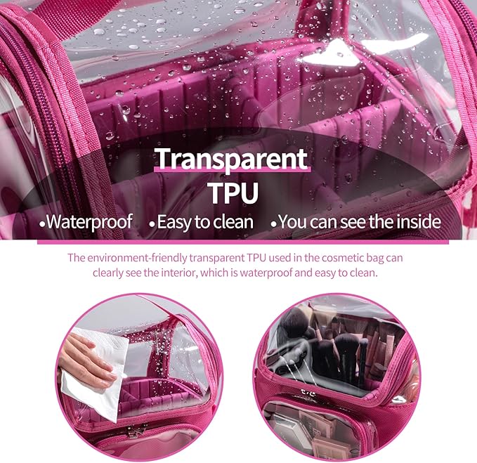 BS-MALL Makeup Bag, Transparent PVC Clear Travel Makeup Brush Holder, Tool Organizer Case with Shoulder Strap (Hotpink)