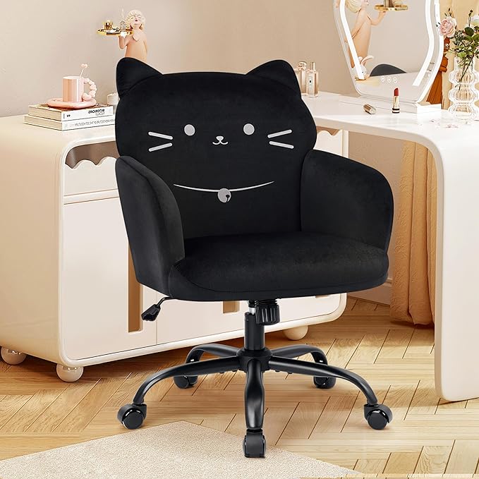 IWMH Home Office Chair Wide Seat Desk Chair Cute Velvet Swivel Vanity Chairs Cat Themed Computer Task Chairs with Wheels Upholstered Modern Accent Armchair for Living Room Bedroom Study Makeup Black
