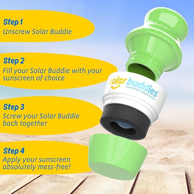 Solar Buddies Grab & Go Travel Bundle, Carabina Clip & Cleaning Brush - Single Full Green - Refillable Roll on Sponge Sunscreen, Suncream & Lotion Applicator For Kids, Adults & Families - Holds 100ml