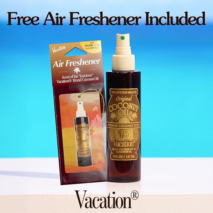 Vacation Coconut Oil SPF 15 & Air Freshener Bundle, Lightweight Sunscreen Oil Spray, Transparent On All Skin Tones, Hydrating & Nourishing, Non-Greasy Finish, 5 Fl. Oz.