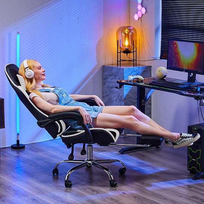 NEWBULIG Computer Gaming Desk Chair - High Back Ergonomic Lumbar Support with Footrest and Headrest, Comfy PU Leather Recliner with Linkage Armrest, Height Adjustable and 360° Swivel, White