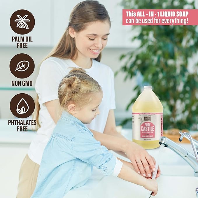BAMBOO AND BIRCH Pure Castile Soap Liquid, Certified Palm Oil Free Natural Soap, Citrus Grapefruit, 1 Gallon