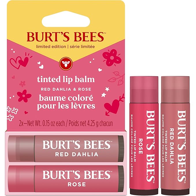 Burt's Bees Lip Tint Balm, Long Lasting 2 in 1 Duo Tinted Balm Formula, Color Infused with Hydrating Shea Butter for a Natural Looking Buildable Finish, Red Dahlia + Rose (2-Pack)