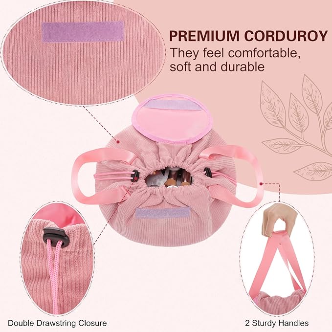 makeup bag lay flat Lay Flat Barrel Drawstring Corduroy Makeup Bag for Women Portable Open-flat Large Capacity Travel Cosmetic Organizer, Skincare & Brush Storage(Pink)