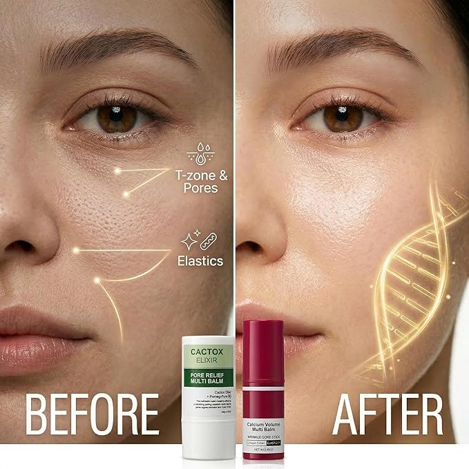 Multi Balm Stick Duo – Calcium & Collagen Firming Wrinkle Stick + Cactus Cooling De-Puff Pore Tightening Stick, All-in-One Face & Eye Care for Visible Pores and Dry Lines