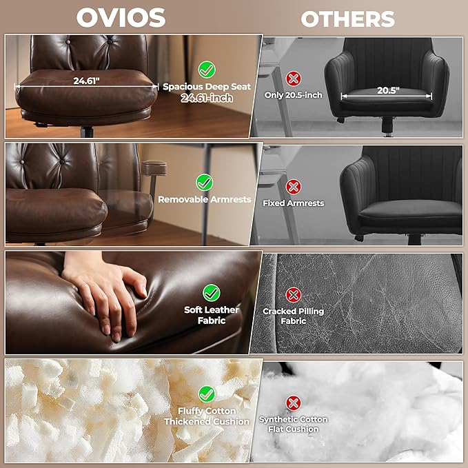 ovios Ergonomic Office Chair, High Back Faux Leather Executive Chairs with Thick Cushion, Comfy Mid-Century Modern Swivel Rolling Computer Armchair (Dark Brown, PU Leather)