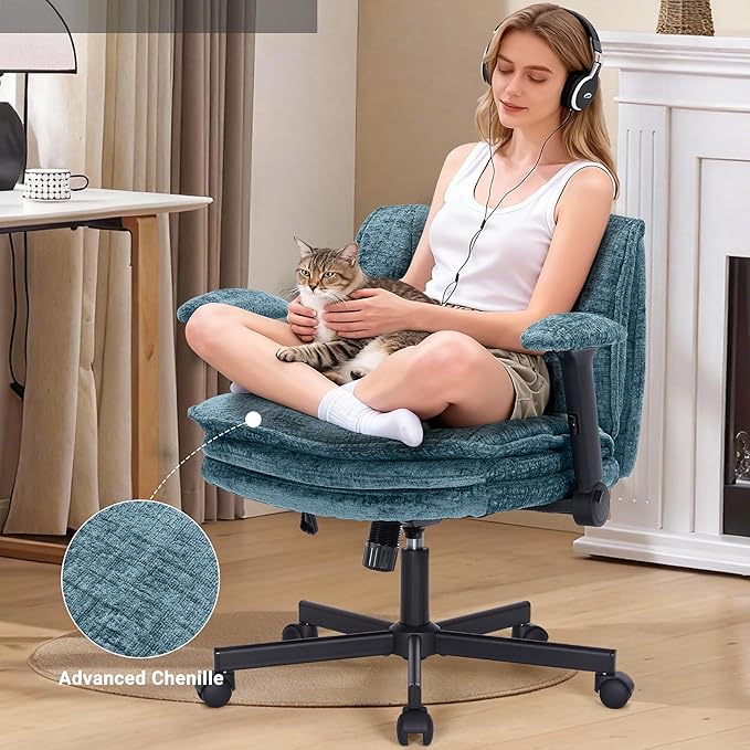 Criss Cross Chair with Wheels and Flip Arms, Upholstered Cross Legged Office Chair with 3 Layer Cushions&Dynamic Airbag Lumbar Support, Wide Seat Comfy Desk Chair for Home Office,Living Room,Turquoise