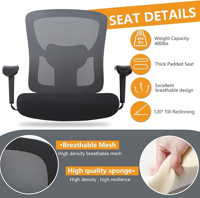 BestOffice Big & Tall Office Chair, 400 lb Capacity Mesh Desk Seating with Lumbar Support, Wide Seat, Adjustable Arms, Rolling Swivel High-Back Ergonomic Executive Task Model for Home Office, Grey