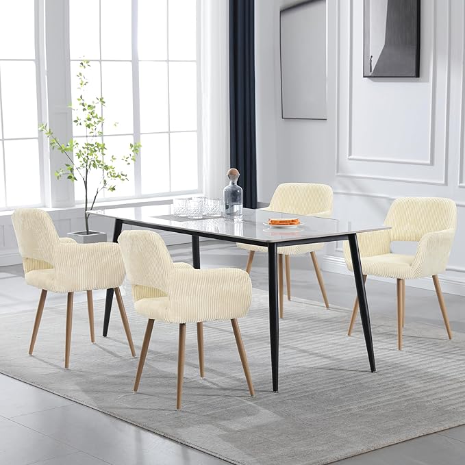 KCC Small Modern Dining Room Arm Chairs Set of 2, Mid-Century Upholstered Corduroy Fabric Side Seat Club Guest with Metal Tube Legs for Kitchen, Living Room, Beige