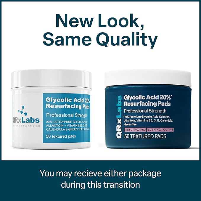 QRxLabs Glycolic Acid Pads - 20% Resurfacing Pads AHA for Face & Body - Exfoliates Skin Surface and Reduces Appearance of Fine Lines and Wrinkles - Acne Treatment Clearing - Daily Pads - 50ct