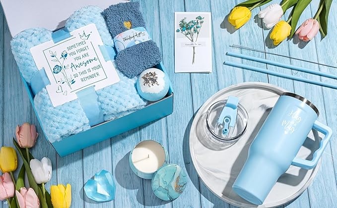 Birthday Gifts for Women Self Care Get Well Soon Gifts, Ocean Relaxing Spa Kit Bath Gift Basket Care Package w/ Flannel Blanket 40 OZ Tumbler, Mother's Day Gift for Mom Her Wife Girlfriend Sister